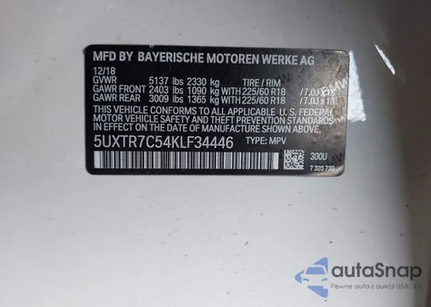 2019 BMW X3 Sdrive30I z USA, uszkodzony, nr VIN 5UXTR7C54KLF34446